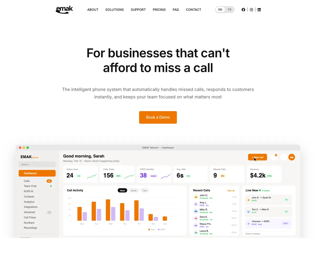 EMAK Telecom website on a laptop