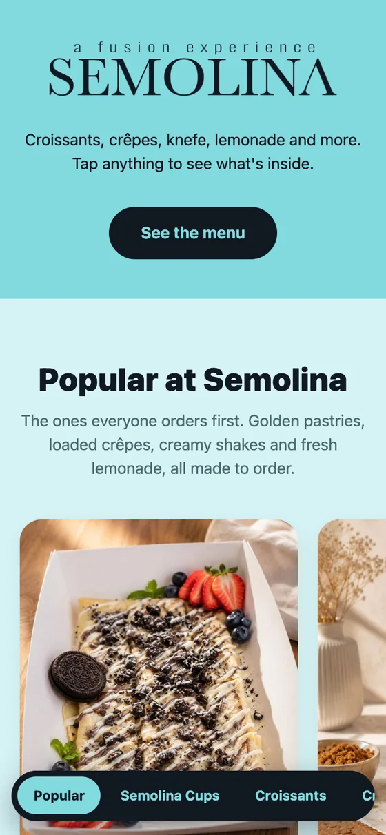 Semolina website on a phone